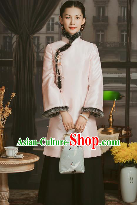 Chinese National Pink Silk Cotton Wadded Coat Tang Suit Outer Garment Clothing