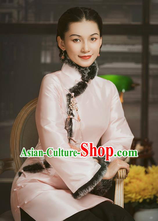 Chinese National Pink Silk Cotton Wadded Coat Tang Suit Outer Garment Clothing