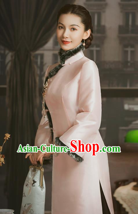 Chinese National Pink Silk Cotton Wadded Coat Tang Suit Outer Garment Clothing