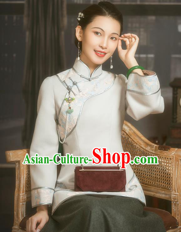 Chinese National Winter Upper Outer Garment Clothing Tang Suit White Woolen Jacket