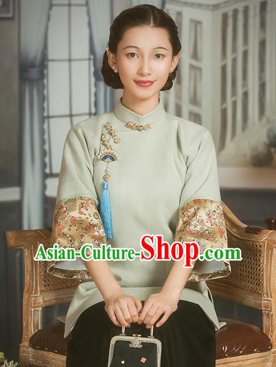 Chinese Woman Woolen Clothing Tang Suit Wide Sleeve Light Green Jacket National Outer Garment