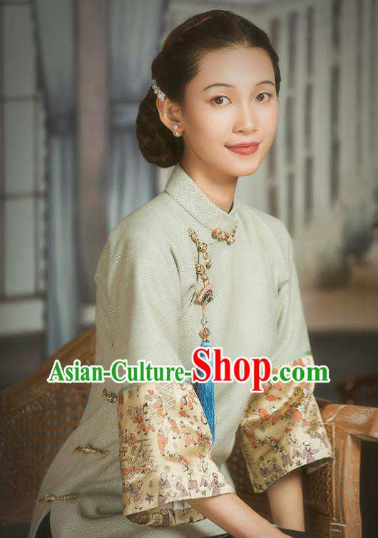 Chinese Woman Woolen Clothing Tang Suit Wide Sleeve Light Green Jacket National Outer Garment