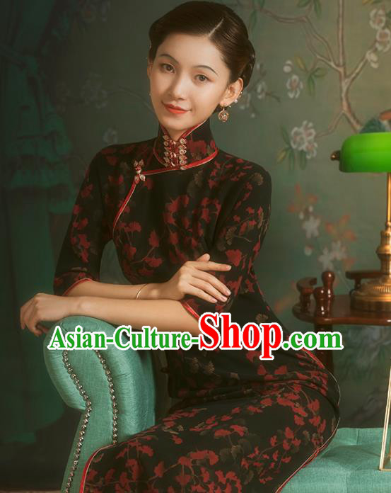 China Classical Black Gambiered Guangdong Gauze Cheongsam Traditional Minguo Old Shanghai Qipao Dress