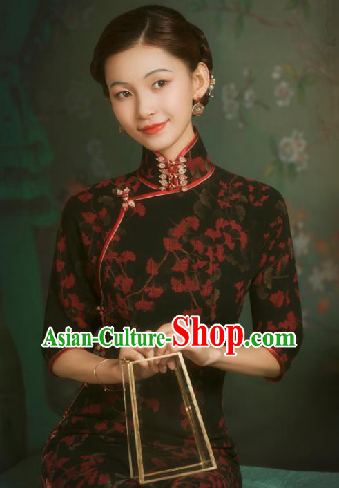 China Classical Black Gambiered Guangdong Gauze Cheongsam Traditional Minguo Old Shanghai Qipao Dress