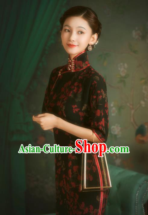 China Classical Black Gambiered Guangdong Gauze Cheongsam Traditional Minguo Old Shanghai Qipao Dress