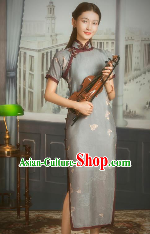 China Classical Old Shanghai Cheongsam Traditional Minguo Young Lady Grey Silk Qipao Dress