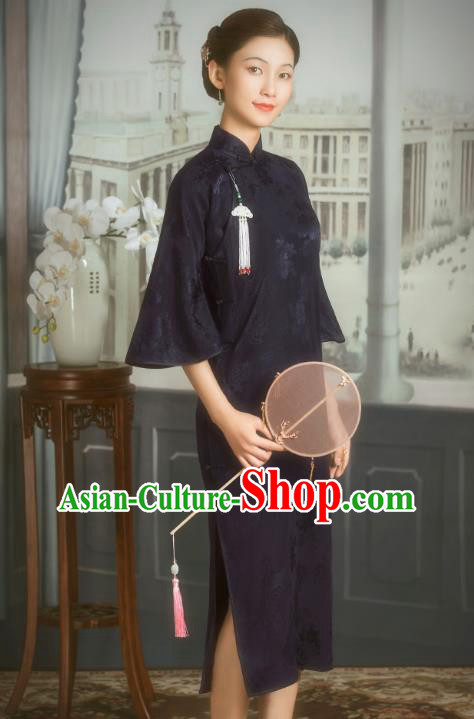 China Classical Old Shanghai Lady Navy Silk Cheongsam Traditional Minguo Wide Sleeve Qipao Dress