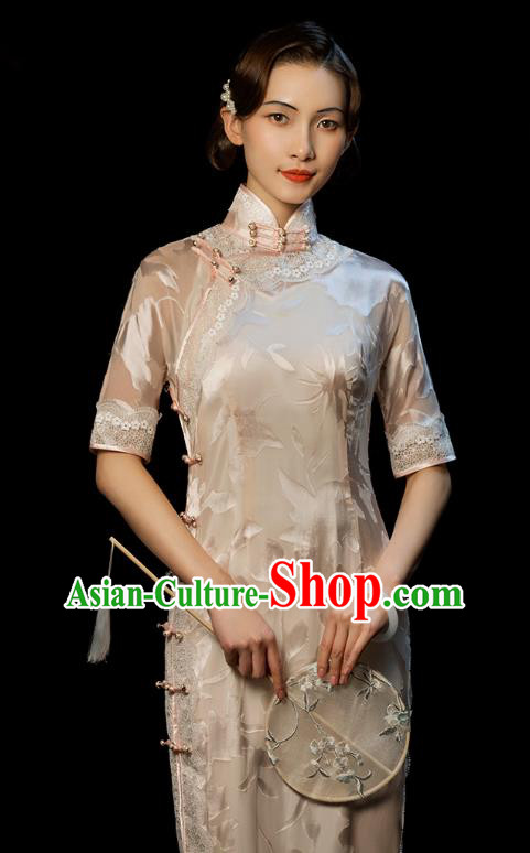 China Traditional Minguo Stand Collar Qipao Dress Classical Old Shanghai Light Pink Cheongsam