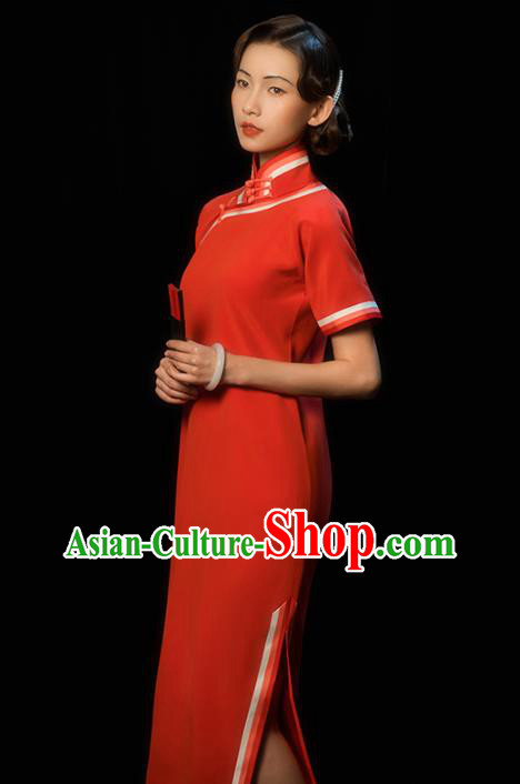 China Traditional Minguo Shanghai Woman Qipao Dress Classical Wedding Bride Red Silk Cheongsam