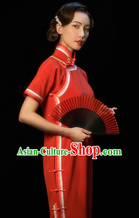 China Traditional Minguo Shanghai Woman Qipao Dress Classical Wedding Bride Red Silk Cheongsam