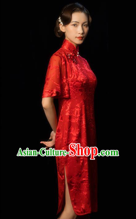 China Classical Wedding Bride Red Cheongsam Traditional Minguo Young Woman Wide Sleeve Qipao Dress