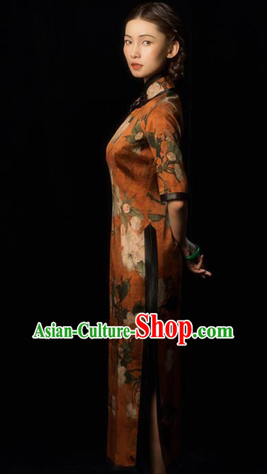 China Classical Printing Flowers Silk Cheongsam Traditional Minguo Gambiered Guangdong Gauze Qipao Dress
