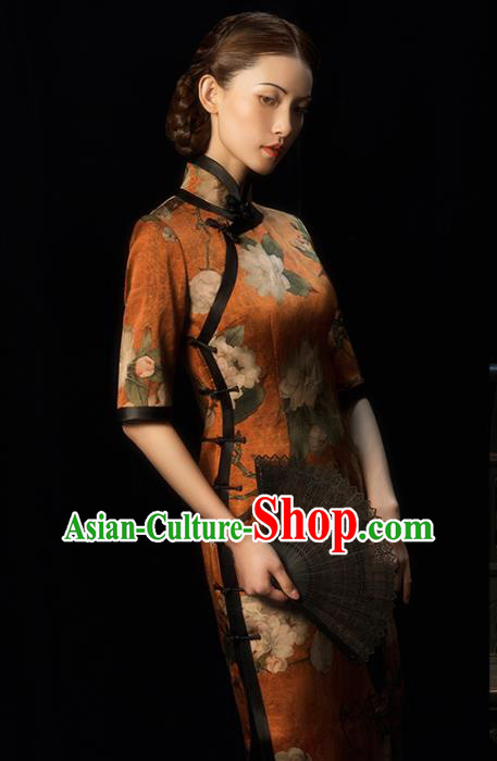 China Classical Printing Flowers Silk Cheongsam Traditional Minguo Gambiered Guangdong Gauze Qipao Dress
