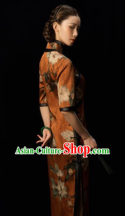 China Classical Printing Flowers Silk Cheongsam Traditional Minguo Gambiered Guangdong Gauze Qipao Dress