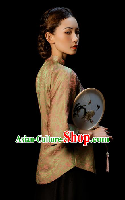Chinese National Woman Clothing Tang Suit Light Green Brocade Jacket Outer Garment