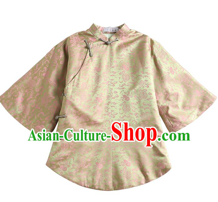 Chinese National Woman Clothing Tang Suit Light Green Brocade Jacket Outer Garment