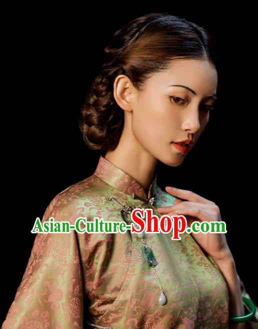 Chinese National Woman Clothing Tang Suit Light Green Brocade Jacket Outer Garment