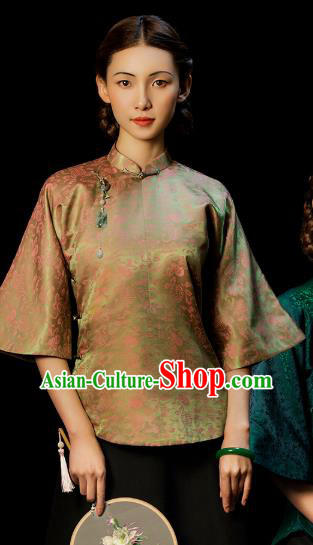 Chinese National Woman Clothing Tang Suit Light Green Brocade Jacket Outer Garment