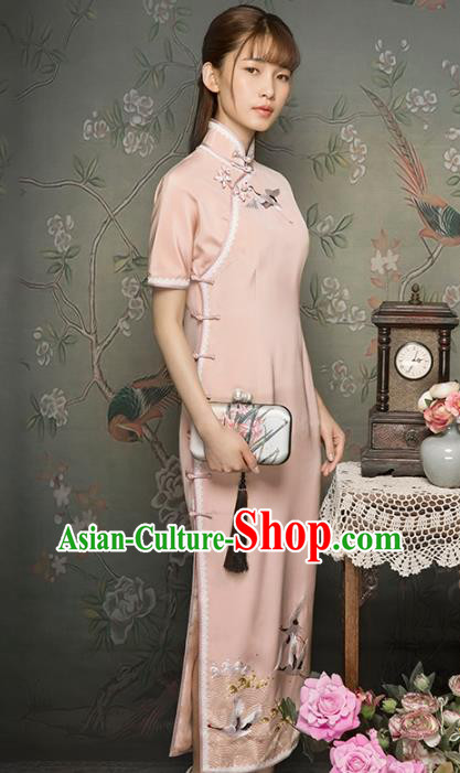 China Classical Embroidered Cranes Cheongsam Traditional Minguo Young Lady Light Pink Qipao Dress