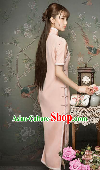 China Classical Embroidered Cranes Cheongsam Traditional Minguo Young Lady Light Pink Qipao Dress
