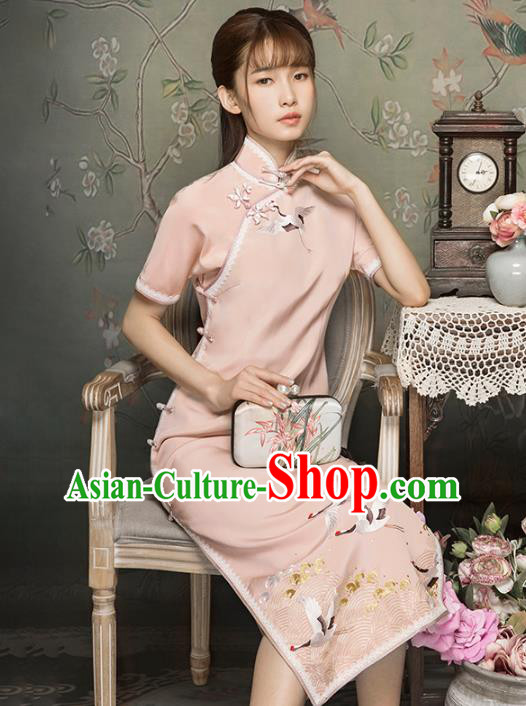 China Classical Embroidered Cranes Cheongsam Traditional Minguo Young Lady Light Pink Qipao Dress