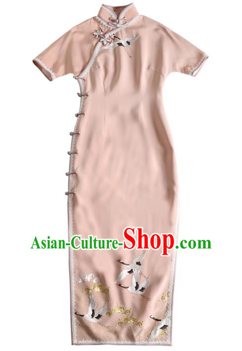 China Classical Embroidered Cranes Cheongsam Traditional Minguo Young Lady Light Pink Qipao Dress