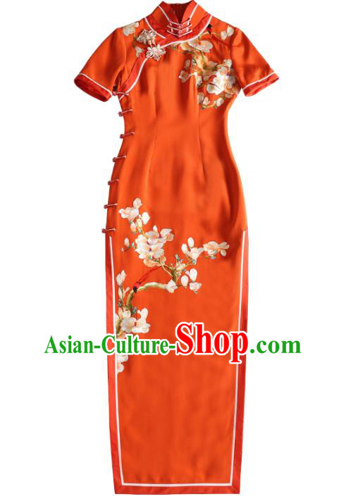 China Classical Cheongsam Traditional Minguo Young Lady Embroidered Mangnolia Red Silk Qipao Dress