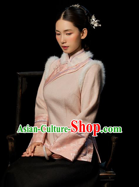 Chinese National Woman Outer Garment Clothing Tang Suit Pink Woolen Jacket