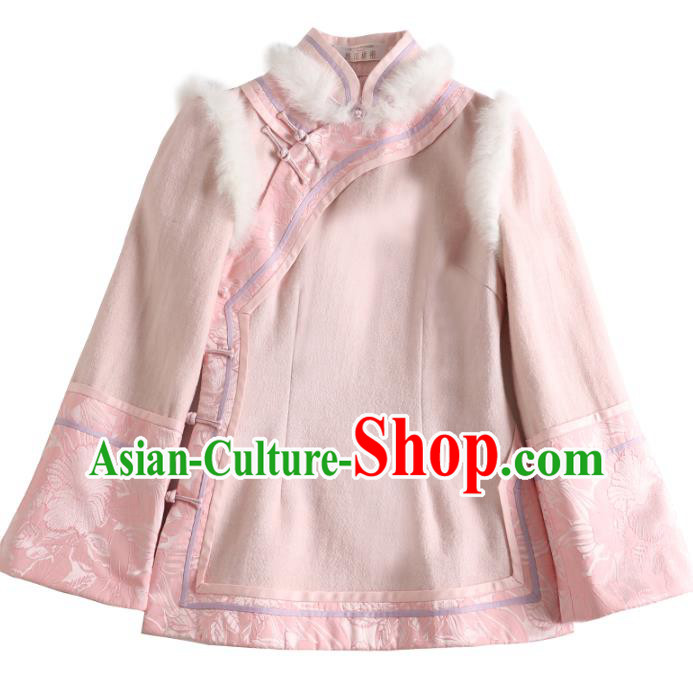Chinese National Woman Outer Garment Clothing Tang Suit Pink Woolen Jacket