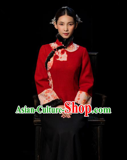 Chinese Tang Suit Red Woolen Jacket National Woman Outer Garment Clothing