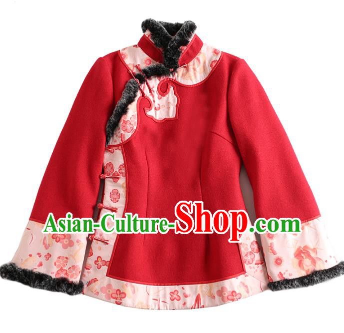 Chinese Tang Suit Red Woolen Jacket National Woman Outer Garment Clothing