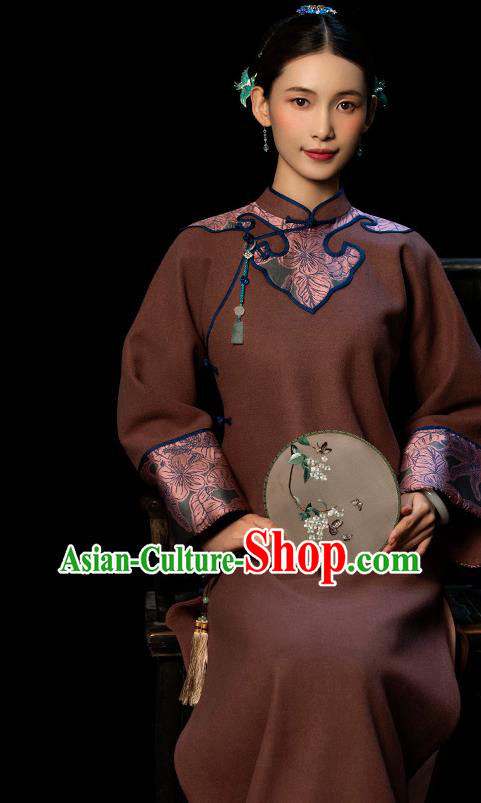 Republic of China Young Woman Cheongsam Traditional Minguo Winter Brown Woolen Qipao Dress