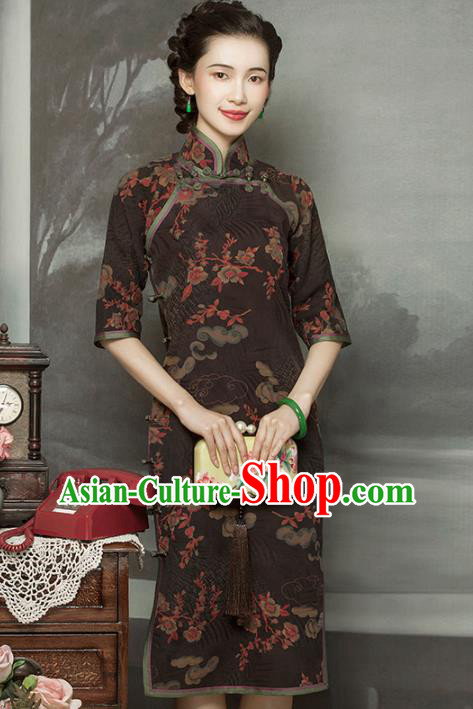 Republic of China Young Woman Deep Brown Silk Cheongsam Traditional Minguo Beijing Qipao Dress