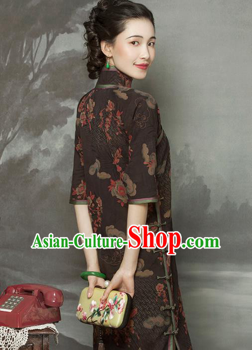 Republic of China Young Woman Deep Brown Silk Cheongsam Traditional Minguo Beijing Qipao Dress