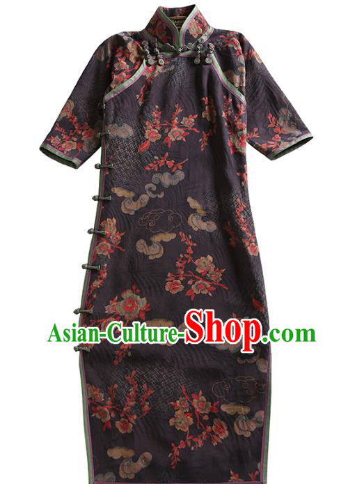 Republic of China Young Woman Deep Brown Silk Cheongsam Traditional Minguo Beijing Qipao Dress