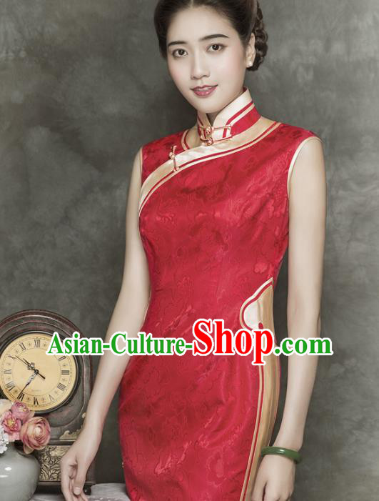 China Modern Red Silk Cheongsam Traditional Wedding Bride Short Qipao Dress
