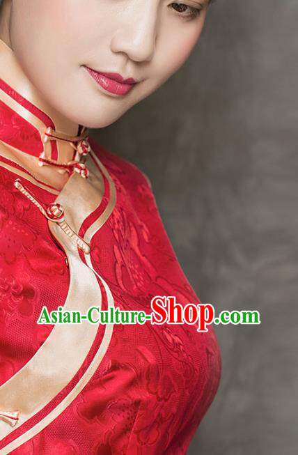 China Modern Red Silk Cheongsam Traditional Wedding Bride Short Qipao Dress