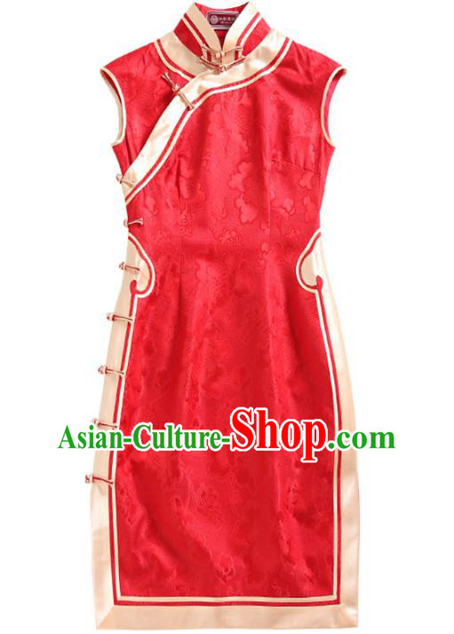 China Modern Red Silk Cheongsam Traditional Wedding Bride Short Qipao Dress