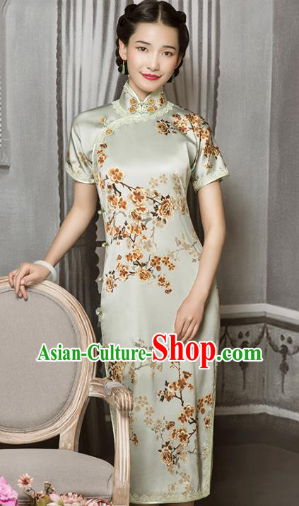 China Classical Printing Plum Blossom Silk Cheongsam Traditional Lace Light Green Qipao Dress