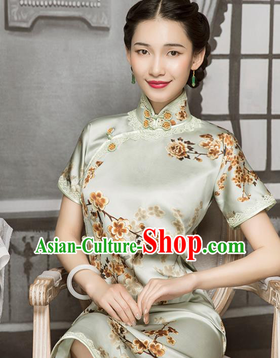 China Classical Printing Plum Blossom Silk Cheongsam Traditional Lace Light Green Qipao Dress