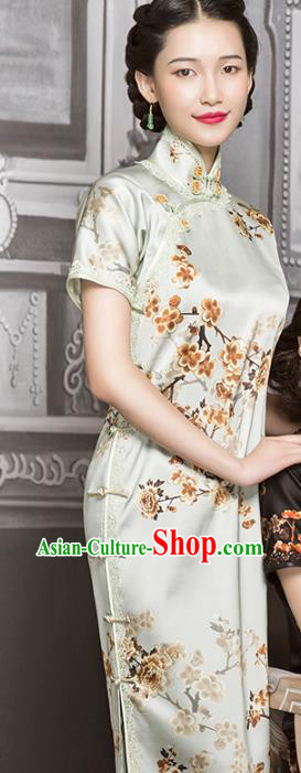 China Classical Printing Plum Blossom Silk Cheongsam Traditional Lace Light Green Qipao Dress