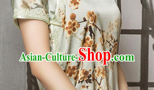 China Classical Printing Plum Blossom Silk Cheongsam Traditional Lace Light Green Qipao Dress