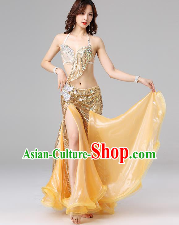 Asian Oriental Dance Performance Costume Professional Indian Belly Dance Bra and Golden Skirt