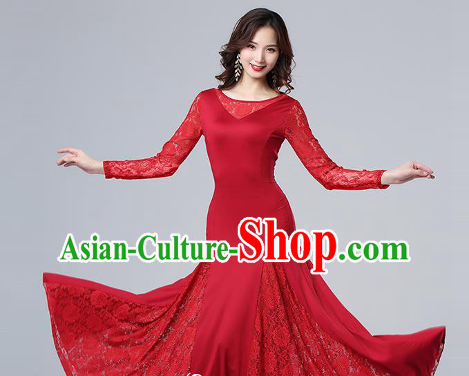 Top Stage Performance Fashion Modern Dance Clothing Ballroom Waltz Dance Red Lace Dress