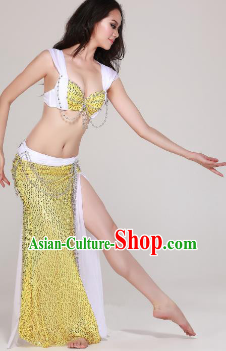 Asian Oriental Dance Performance Costume Professional Indian Belly Dance Bra and Yellow Sequins Skirt