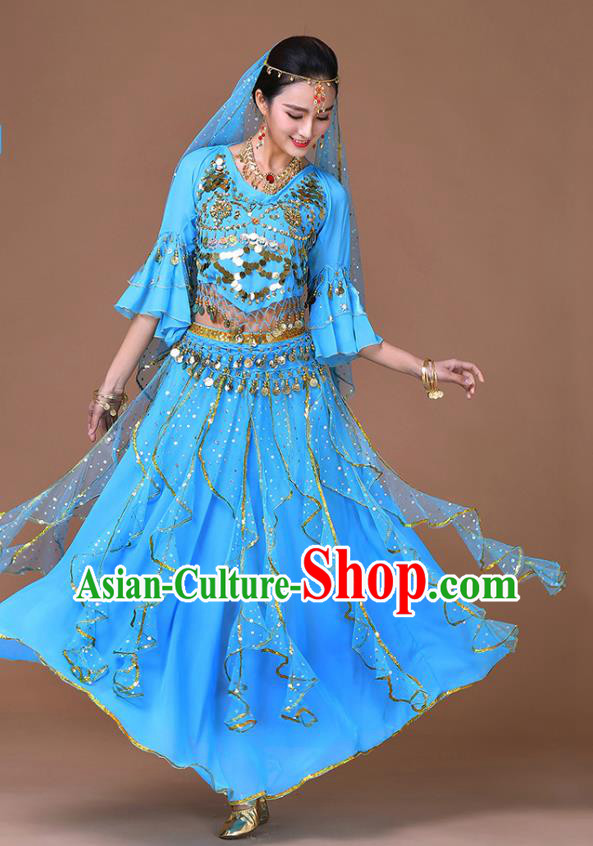 Indian Bollywood Dance Sequins Blouse and Skirt Sexy Dance Clothing Belly Dance Training Blue Uniforms