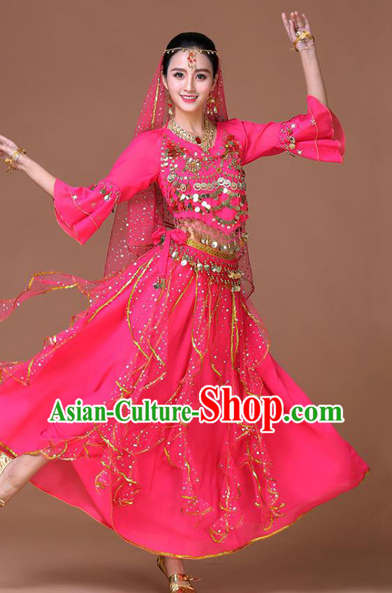 Indian Belly Dance Training Rosy Uniforms Bollywood Dance Sequins Blouse and Skirt Sexy Dance Clothing