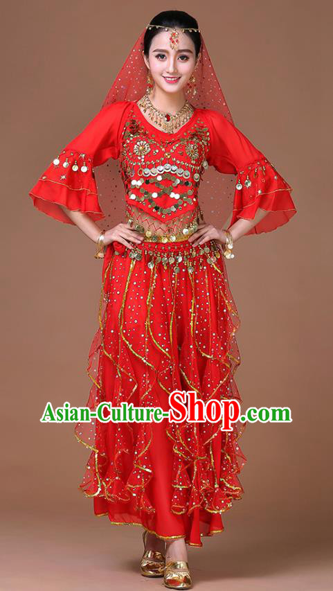 Indian Bollywood Sexy Dance Clothing Princess Dance Sequins Blouse and Skirt Belly Dance Red Uniforms