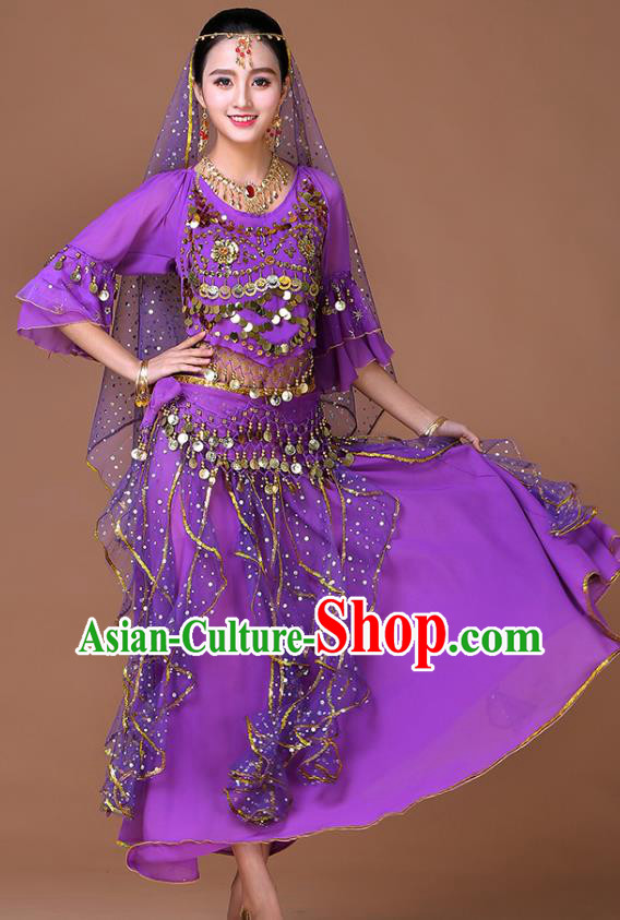 Indian Belly Dance Purple Uniforms Bollywood Sexy Dance Clothing Princess Dance Sequins Blouse and Skirt