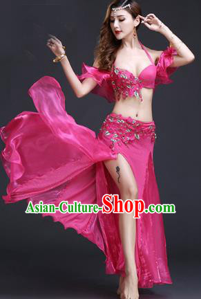 Asian Belly Dance Training Costumes Indian Oriental Dance Rosy Bra and Skirt Uniforms